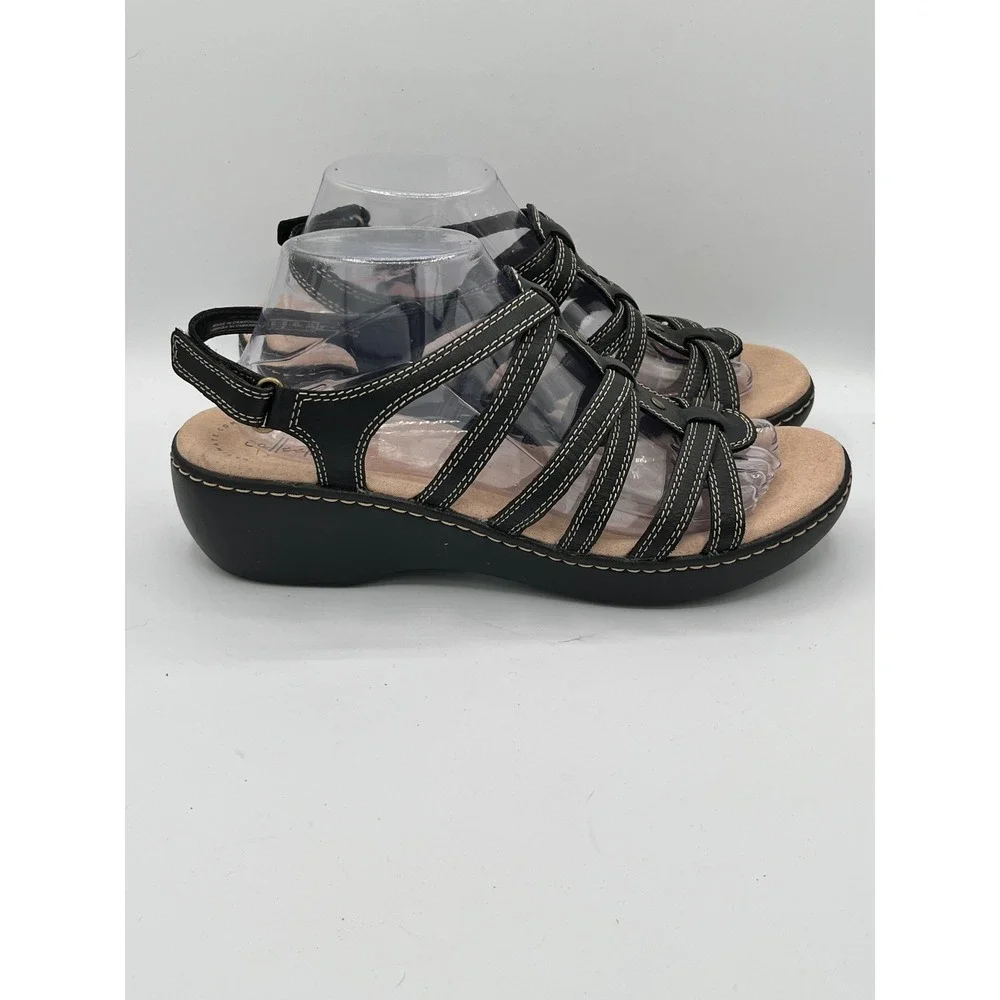 Clarks Delana Curve Black Leather Strappy Wedge Sandals Women Size 10M